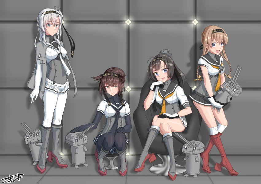 4girls 4others absurdres ahoge akizuki_(kantai_collection) anchor_symbol black_bodysuit black_gloves black_hair black_headband black_neckwear black_sailor_collar black_skirt blue_eyes bodysuit braid brown_hair chair chou-10cm-hou-chan chou-10cm-hou-chan_(hatsuzuki's) chou-10cm-hou-chan_(suzutsuki's) chou-10cm-hou-chan_(teruzuki's) clothes_writing commentary_request corset full_body gloves gomashio_(gomasio8012) grey_eyes grey_jacket hachimaki hair_flaps hair_ornament hairband hatsuzuki_(kantai_collection) headband highres jacket jacket_on_shoulders kantai_collection light_brown_hair long_hair multiple_girls multiple_others neckerchief one_side_up pleated_skirt ponytail propeller_hair_ornament sailor_collar school_uniform serafuku short_hair signature silver_hair sitting skirt standing suzutsuki_(kantai_collection) teruzuki_(kantai_collection) twin_braids white_bodysuit white_headband white_neckwear white_skirt yellow_eyes yellow_neckwear