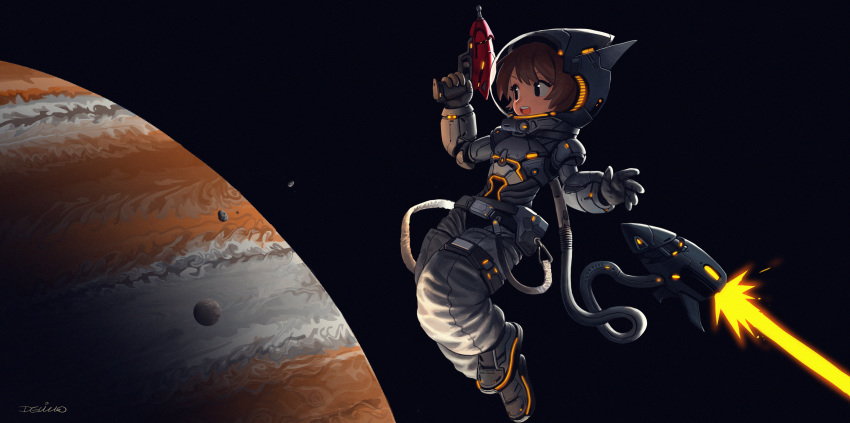 1girl absurdres belt black_background black_eyes brown_hair devil_lo energy_gun english_commentary engrish_commentary full_body gloves highres hose huge_filesize jupiter_(planet) open_mouth original ray_gun shoes signature solo space spacesuit teeth weapon