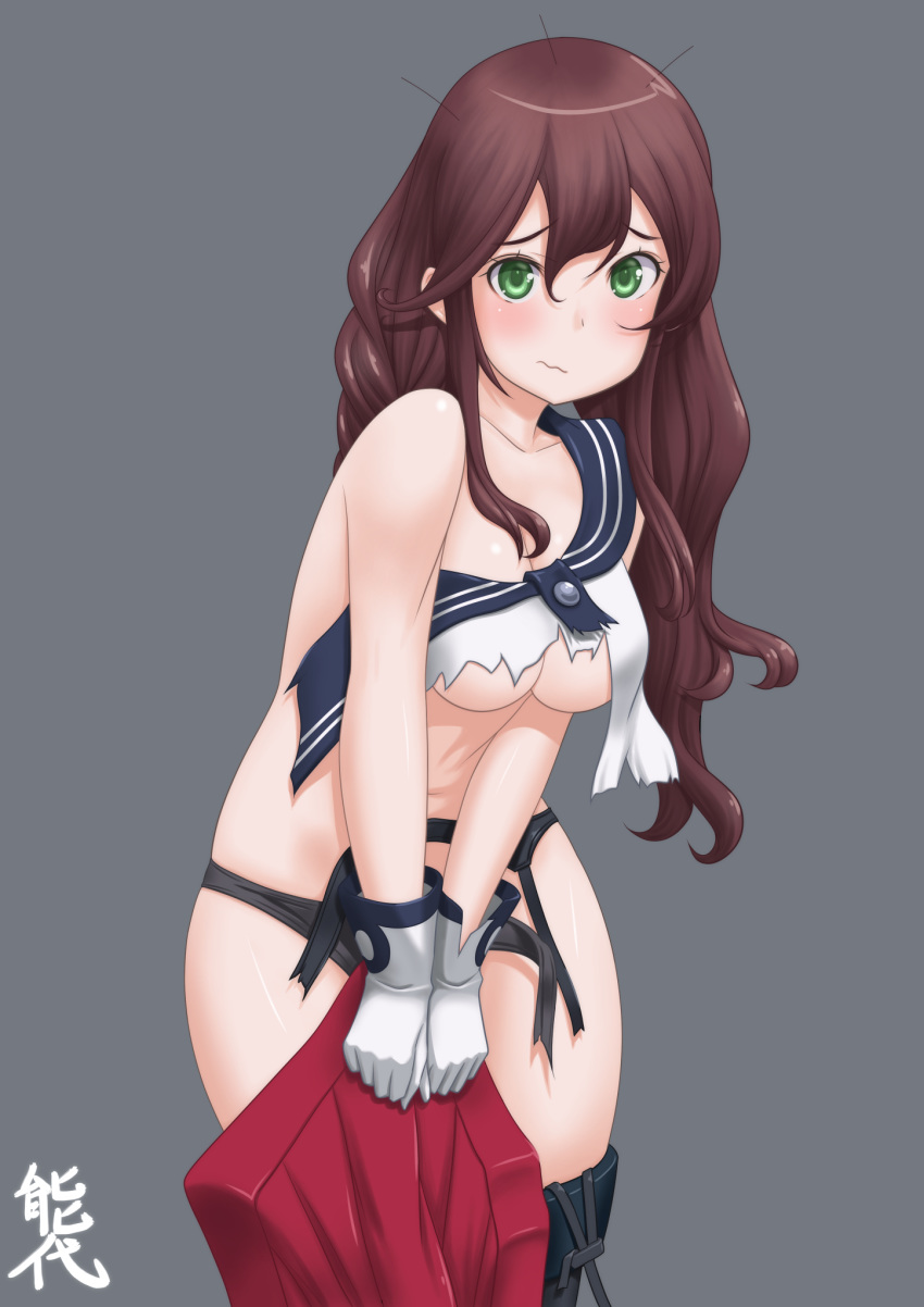 1girl asymmetrical_legwear bangs black_legwear black_panties braid breasts brown_hair cowboy_shot garter_belt gloves green_eyes grey_background highres kantai_collection medium_breasts necktie noshiro_(kantai_collection) panties pleated_skirt red_skirt school_uniform serafuku shirt simple_background single_thighhigh skirt solo standing swept_bangs t2r thighhighs torn_clothes torn_garter_belt torn_neckwear torn_panties torn_shirt torn_skirt twin_braids underwear white_gloves