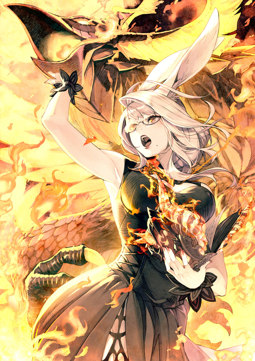 1girl absurdres animal_ears arm_up bird black-framed_eyewear blonde_hair book brown_eyes bunny_ears burning feathers final_fantasy final_fantasy_xiv fingernails fire glasses glowing highres holding holding_book kyo_(kuroichigo) long_hair mole mole_under_mouth open_book open_mouth phoenix red_lips red_nails slit_pupils solo summoner_(final_fantasy) talons teeth tongue viera