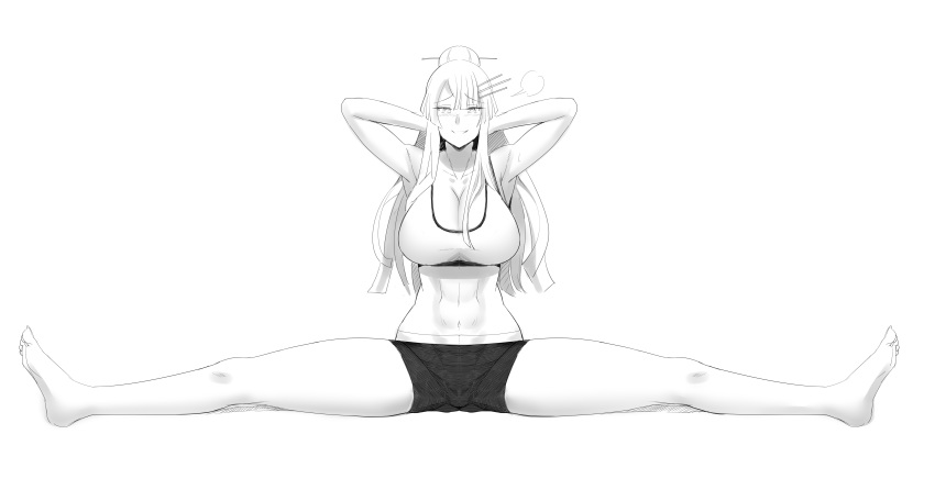 1girl abs absurdres armpits bike_shorts breasts feet frolaytia_capistrano hair_ornament heavy_object highres large_breasts long_hair monochrome navel smug split sportswear stormcow