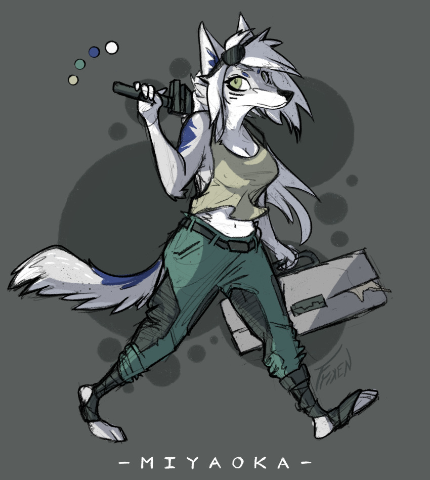 absurd_res annoyed anthro arctic_fox canid canine canis female fox fyixen hi_res invalid_color invalid_tag mammal mechanic miyaoka_(fyixen) pinup pose solo walking wolf