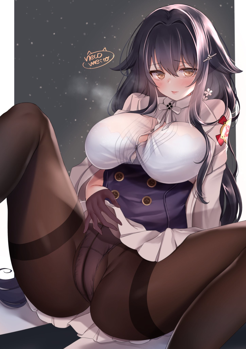1girl azuma_(azur_lane) azur_lane black_hair blush breasts cameltoe gloves hair_ornament hairclip highres large_breasts long_hair looking_at_viewer neco_meito pantyhose skirt_up solo