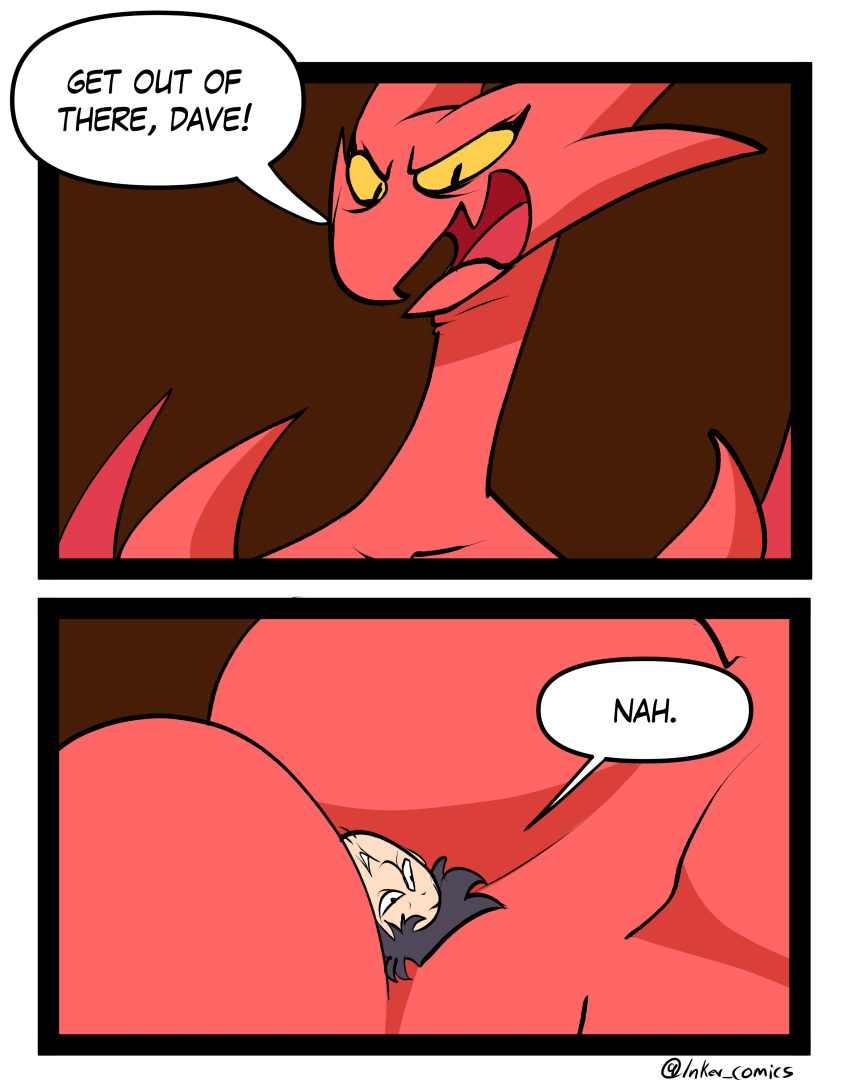 absurd_res between_breasts big_breasts breasts comic dave_(satina) demon dialogue duo female hi_res human inker_comics larger_female lucia_(satina) macro male male/female mammal not_furry nude red_body size_difference smaller_male