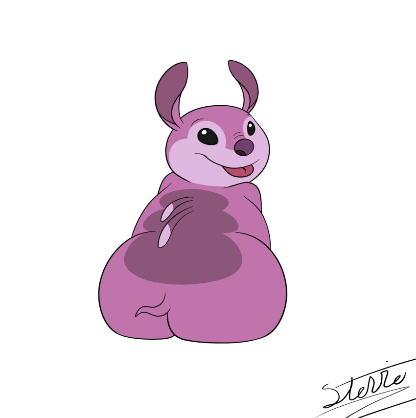 2020 alien back_markings back_spines big_butt black_eyes butt cannonball_(lilo_and_stitch) digital_drawing_(artwork) digital_media_(artwork) disney experiment_(lilo_and_stitch) hi_res lilo_and_stitch looking_at_viewer looking_back markings overweight purple_body purple_nose rear_view short_tail signature simple_background smile solo tongue tongue_out white_background wonderfullydisturbed