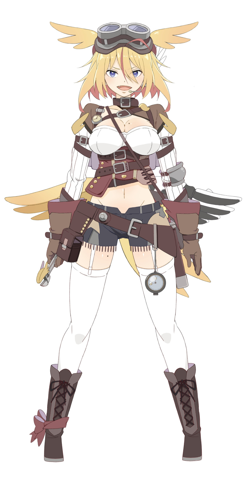 1girl :d absurdres bag black_shorts blonde_hair boots breasts brown_footwear brown_gloves cleavage copyright_request donguri_suzume elbow_pads full_body garter_straps gloves goggles goggles_on_head hair_between_eyes head_wings headphones highres holding holding_wrench large_breasts legs_apart looking_at_viewer low_wings micro_shorts microphone mole mole_on_breast mole_on_thigh multicolored_hair navel open_mouth pigeon-toed pouch purple_eyes short_hair shorts shoulder_bag simple_background smile solo standing streaked_hair tail thighhighs underbust white_background wings work_gloves wrench