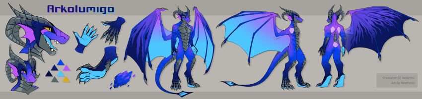 2020 4_toes 5_fingers absurd_res anthro blue_tongue claws digital_media_(artwork) dragon fingers hi_res horn long_image male membrane_(anatomy) membranous_wings model_sheet neotheta open_mouth scales scalie solo spines teeth toes tongue western_dragon wide_image wings