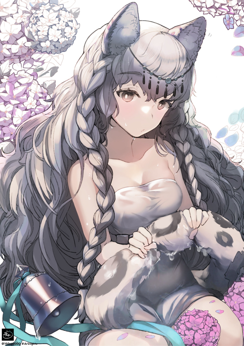 160mp 1girl absurdres animal_ear_fluff animal_ears arknights bangs bare_shoulders bell blue_flower breasts commentary_request dress eyebrows_visible_through_hair flower grey_eyes head_chain highres holding_tail leopard_ears leopard_tail looking_at_viewer partial_commentary pink_flower pramanix_(arknights) silver_hair small_breasts solo strapless strapless_dress tail white_dress wringing