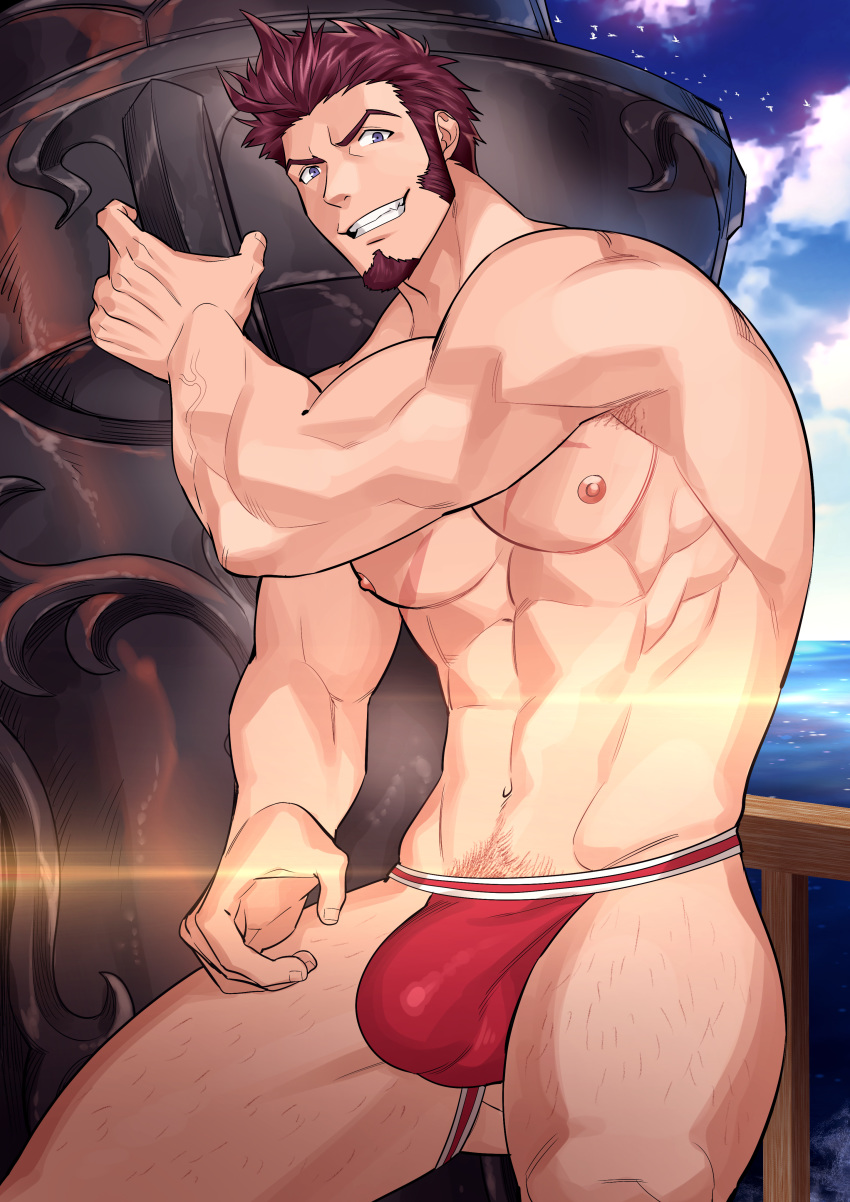 1boy absurdres bara beard blue_eyes brown_hair chest facial_hair fate/grand_order fate_(series) highres holding holding_weapon huge_weapon kienbiu looking_at_viewer male_focus male_underwear muscle napoleon_bonaparte_(fate/grand_order) paid_reward patreon_reward scar smile solo underwear weapon