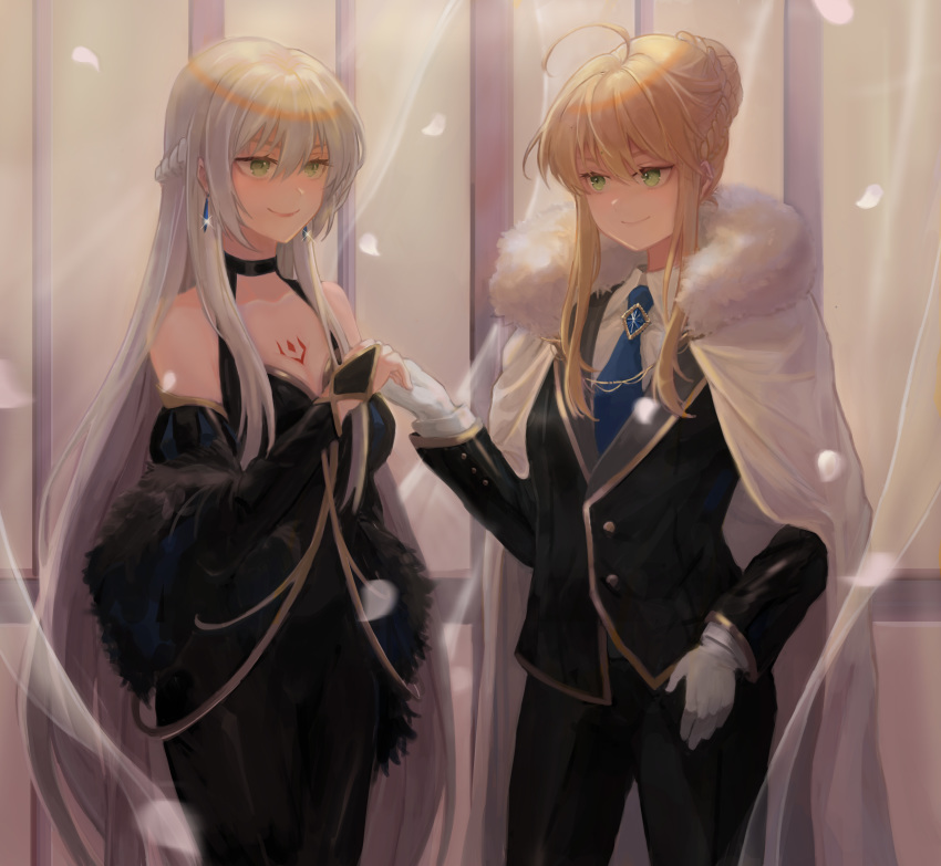 2girls absurdres ahoge artoria_pendragon_(all) artoria_pendragon_(lancer) bangs bare_shoulders blonde_hair boky_(118088488) braid breasts cleavage collarbone fate/grand_order fate_(series) french_braid green_eyes hair_between_eyes highres large_breasts long_hair long_sleeves morgan_le_fay_(fate) multiple_girls sidelocks smile wife_and_wife