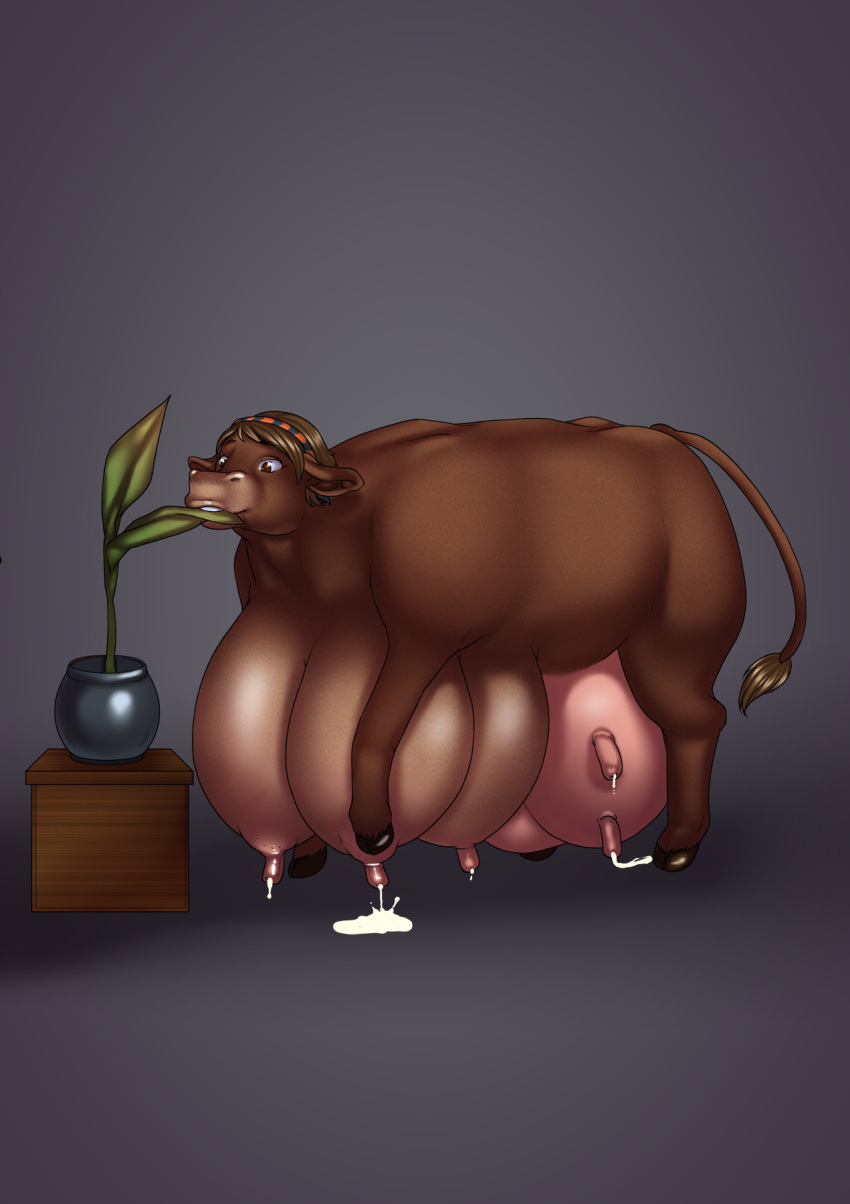 2020 4_breasts after_transformation big_breasts bodily_fluids bovid bovine breasts brown_body busty_feral cattle eating ecchipandaa female feral hi_res hooves huge_breasts hyper hyper_breasts lactating mammal milk multi_breast plant potted_plant simple_background smile solo standing teats udders