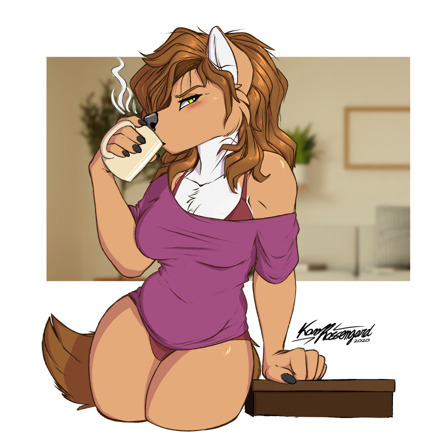 absurd_res anthro beverage canid canine canis clothing coffee female furniture hair hi_res kanutwolfen loona_(kanutwolfen) mammal off_shoulder panties shirt solo table topwear underwear wolf
