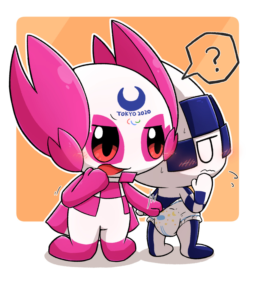 2020 2020_tokyo_olympic ? anthro diaper duo embarrassed female hi_res kneeling male mascot miraitowa olympics open_mouth red_eyes rokesys simple_background someity unknown_species white_background