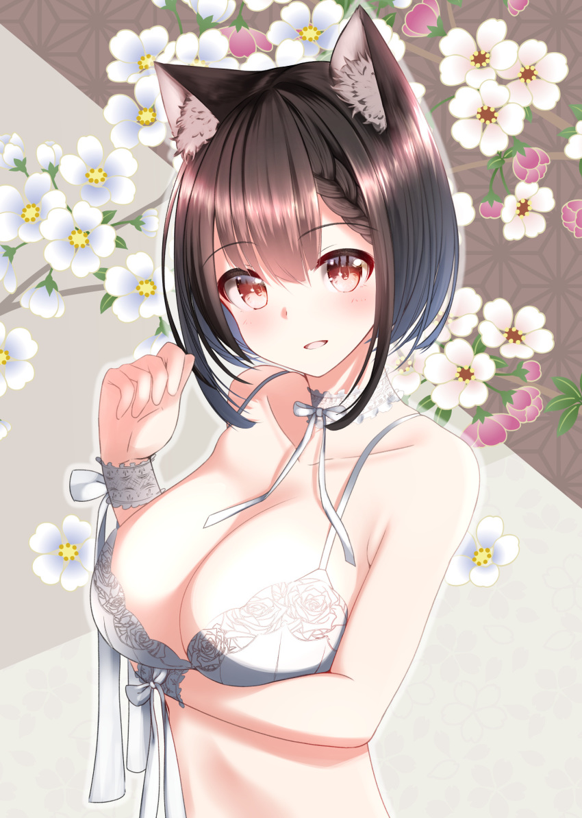 1girl animal_ear_fluff animal_ears arm_under_breasts arm_up bangs bow_choker bra braid breast_hold breasts brown_eyes brown_hair cat_ears cat_girl choker cleavage commentary eyebrows_visible_through_hair floral_background flower frilled_choker frilled_cuffs frills highres large_breasts lingerie looking_at_viewer nekobaka open_mouth original ribbon short_hair sidelocks smile solo underwear upper_body white_bra white_choker white_flower wrist_cuffs