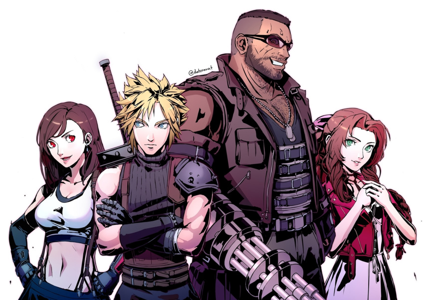 2boys 2girls :d aerith_gainsborough arm_cannon bangs bare_arms barret_wallace beard belt black_gloves black_hair black_skirt blonde_hair blue_eyes braid braided_ponytail breasts brown_hair buster_sword chest_hair clenched_hands closed_mouth cloud_strife commentary cowboy_shot cropped_jacket crossed_arms dark_skin dark_skinned_male datcravat dog_tags dress elbow_gloves facial_hair final_fantasy final_fantasy_vii final_fantasy_vii_remake gauntlets gloves green_eyes grin hands_on_hips highres jacket jewelry lips long_hair looking_at_viewer low-tied_long_hair male_focus medium_breasts midriff multiple_boys multiple_girls muscle navel open_clothes open_jacket open_mouth parted_bangs parted_lips pauldrons pink_dress red_eyes red_jacket serious shoulder_armor simple_background skirt sleeveless sleeveless_turtleneck smile spiked_hair sunglasses suspender_skirt suspenders sword sword_behind_back tank_top tifa_lockhart turtleneck twitter_username upper_body vest weapon white_background white_tank_top