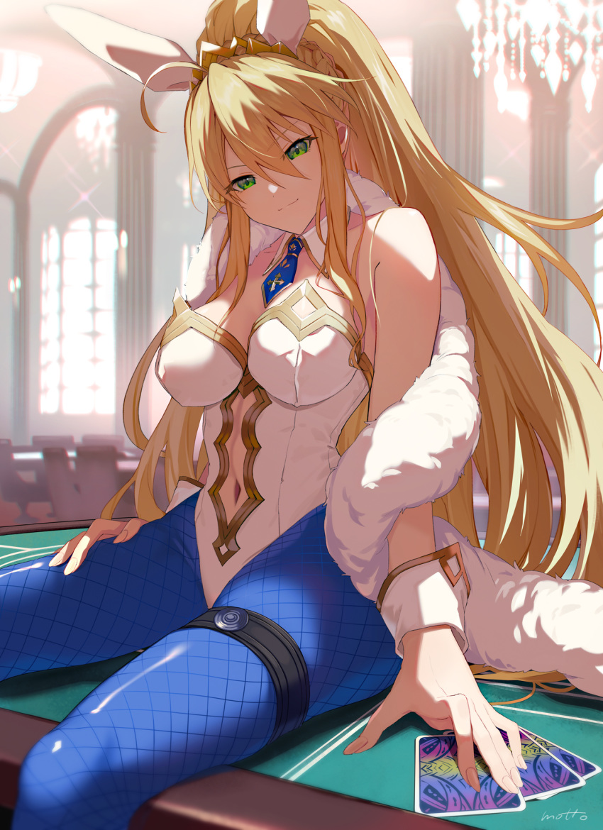 1girl ahoge animal_ears artoria_pendragon_(all) artoria_pendragon_(swimsuit_ruler)_(fate) bangs bare_shoulders blonde_hair blue_legwear blue_neckwear braid breasts bunny_ears bunnysuit card cleavage closed_mouth detached_collar fate/grand_order fate_(series) feather_boa fishnet_legwear fishnets french_braid green_eyes hair_between_eyes highleg highleg_leotard highres large_breasts leotard long_hair mocha_(mokaapolka) navel navel_cutout necktie playing_card poker_chip ponytail sidelocks signature sitting smug sparkle thigh_strap thighs tiara white_leotard wrist_cuffs