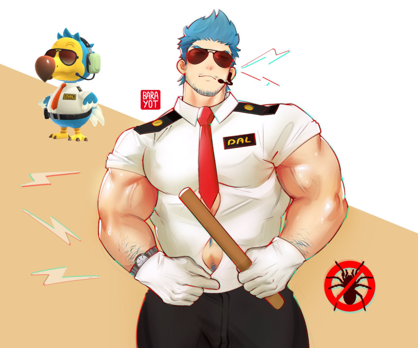 1boy animal_crossing artist_name bara barayot black_pants blue_hair closed_mouth facial_hair gloves headset highres large_pectorals male_focus microphone muscular muscular_male necktie pants pectorals personification shirt short_hair solo spiked_hair sunglasses watch white_gloves white_shirt wilbur_(animal_crossing) wristwatch