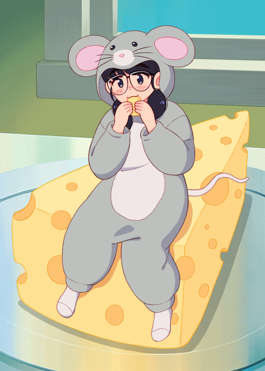 1girl 49s-aragon absurdres animal_costume bangs black_hair blush cheese chinese_zodiac commentary_request eating food freckles glasses highres holding holding_food long_hair minigirl mouse mouse_costume mouse_hood mouse_tail onesie original plate sitting socks solo swiss_cheese tail window year_of_the_rat