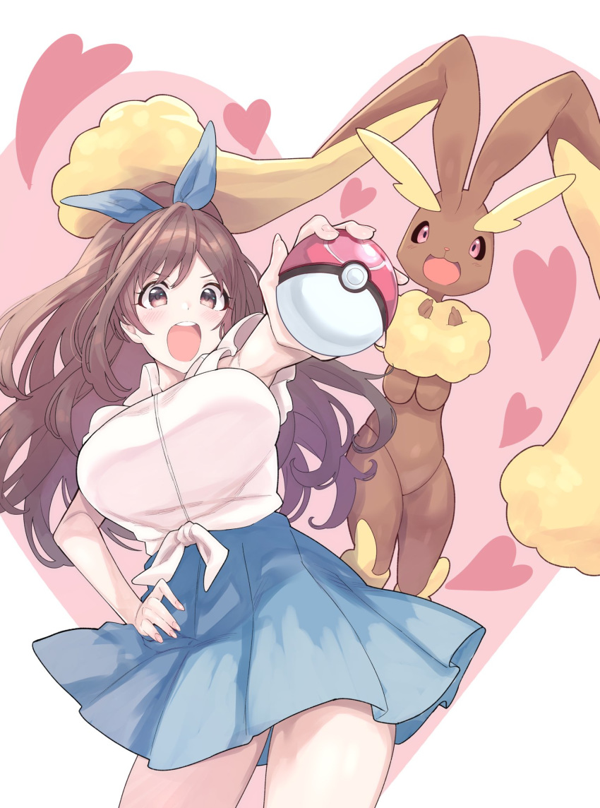 1girl animal_ears bangs blue_bow blue_skirt blush bow breasts brown_eyes brown_hair bunny_ears cowboy_shot gen_4_pokemon hair_bow heart highres holding holding_poke_ball idolmaster idolmaster_shiny_colors large_breasts long_hair looking_at_viewer lopunny miniskirt open_mouth pink_eyes pink_heart poke_ball poke_ball_(generic) pokemon pokemon_(creature) ponytail round_teeth skirt sutora_binsuke swept_bangs teeth tsukioka_kogane