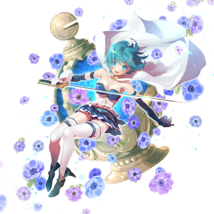 1girl :d ankle_boots armpits arms_at_sides bare_shoulders belt blue_eyes blue_flower blue_footwear blue_hair blue_skirt blue_theme blurry blurry_background bokeh boots breasts cape cleavage depth_of_field detached_sleeves ena1215 eyebrows_visible_through_hair floating floating_hair flower flower_request fortissimo fortissimo_hair_ornament frills full_body gloves hair_ornament hairclip highres holding holding_sword holding_weapon leaf legs_together light_particles looking_at_viewer mahou_shoujo_madoka_magica medium_breasts miki_sayaka no_nose open_mouth outline pleated_skirt purple_flower revision shaded_face short_hair simple_background skirt smile solo soul_gem strapless sword tareme thighhighs thighs too_many too_many_flowers v-shaped_eyebrows very_short_hair weapon white_background white_cape white_gloves white_legwear white_outline zettai_ryouiki