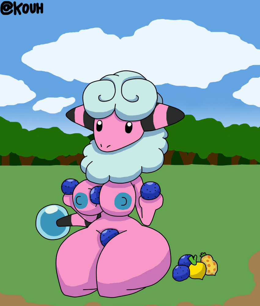 animal_humanoid anthro areola berry big_breasts big_butt breasts butt clothing cloud curvaceous curvy_figure female flaaffy food fruit fur hi_res huge_breasts huge_butt humanoid kouh legwear looking_at_viewer mammal mammal_humanoid multicolored_body multicolored_skin nintendo nipples pink_body pink_skin plant pok&eacute;mon pok&eacute;mon_(species) pok&eacute;morph sky small_waist solo thick_thighs thigh_highs tree video_games voluptuous white_body white_fur wide_hips