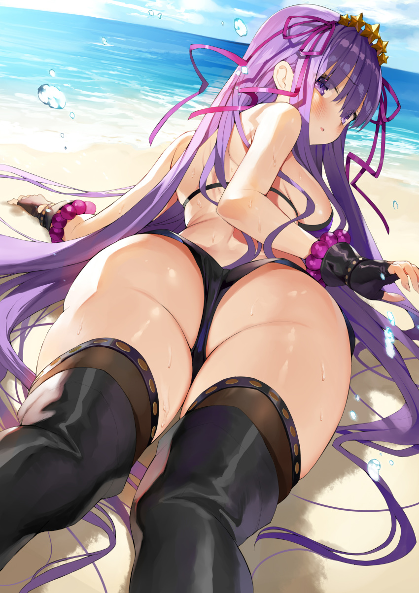 1girl :o absurdres ass bangs bare_shoulders bb_(fate)_(all) bb_(swimsuit_mooncancer)_(fate) beach bikini black_gloves black_legwear blush breasts day dutch_angle eyebrows_visible_through_hair fanbox_reward fate/grand_order fate_(series) fingerless_gloves from_behind gloves hair_ribbon highres horizon large_breasts long_hair looking_at_viewer looking_back matsui_hiroaki micro_shorts ocean outdoors paid_reward parted_lips photoshop_(medium) purple_bikini purple_eyes purple_hair ribbon shorts sideboob sidelocks solo star_(symbol) swimsuit thighhighs very_long_hair water_drop wet