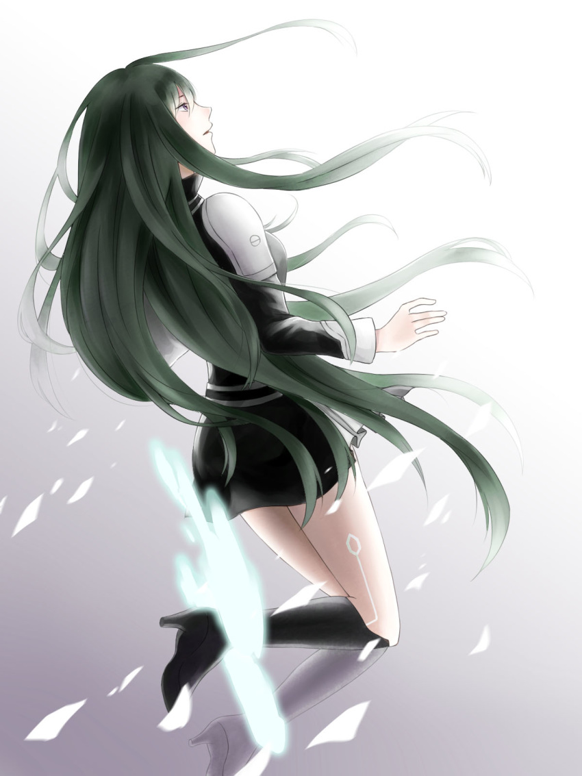 1girl black_footwear black_order_uniform black_skirt boots d.gray-man floating_hair from_behind green_hair hair_down hane_(pixiv17791083) highres jacket knee_boots lenalee_lee long_hair long_sleeves miniskirt open_mouth profile skirt straight_hair very_long_hair