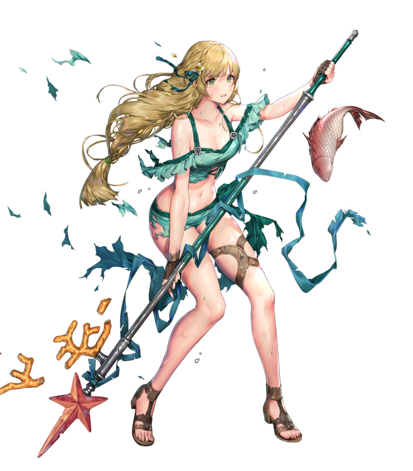 1girl animal bangs bare_shoulders bikini bikini_shorts braid breasts cleavage collarbone fingerless_gloves fire_emblem fire_emblem:_three_houses fire_emblem_heroes fish full_body gloves green_eyes hair_ornament highres holding holding_weapon ingrid_brandl_galatea long_hair looking_away medium_breasts navel official_art parted_lips polearm sandals senchat shorts single_braid solo stomach swimsuit tied_hair toes torn_clothes transparent_background weapon