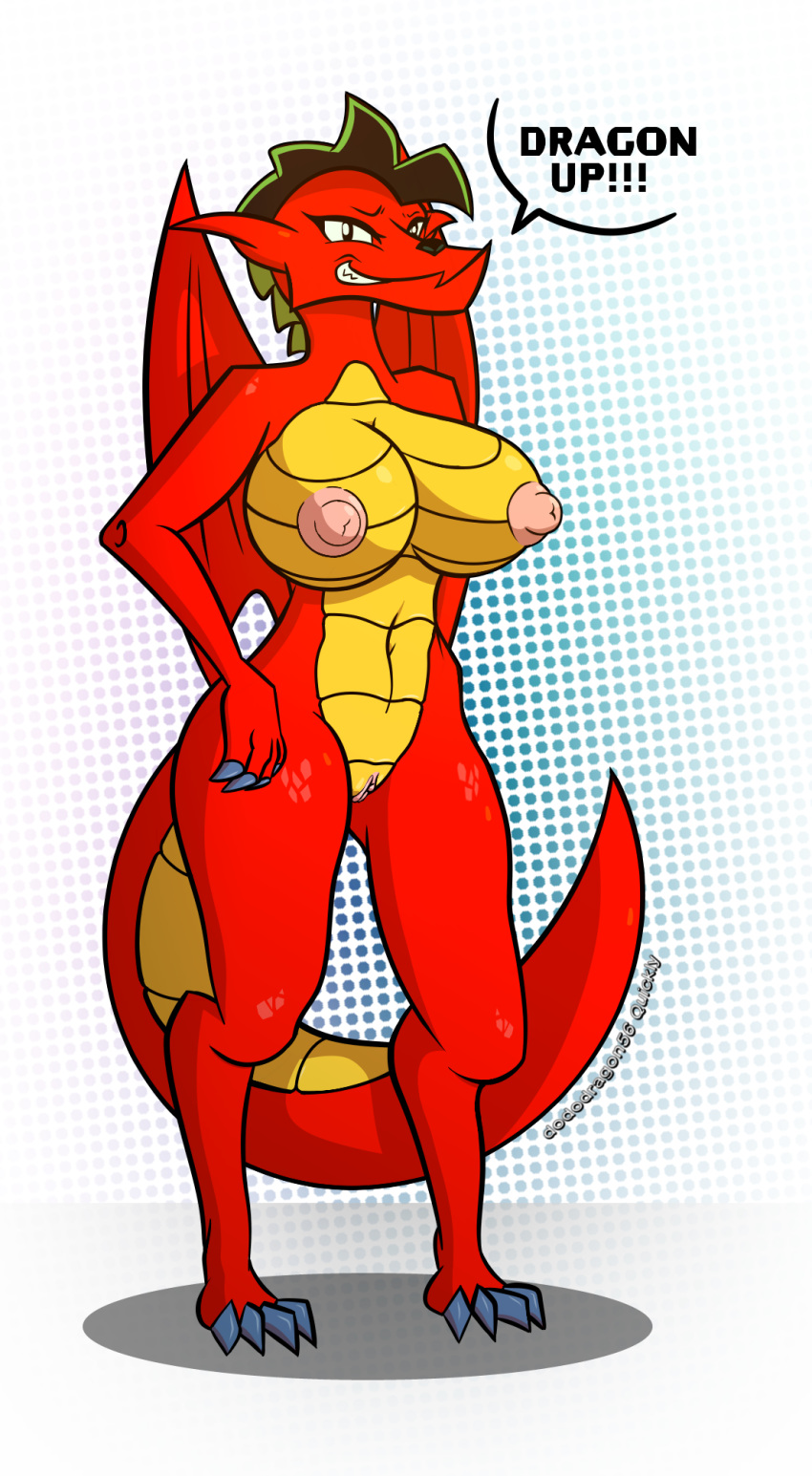 american_dragon:_jake_long anthro breasts cel_shading claws crossgender disney dododragon56 dotted_background dragon female genitals hi_res humanoid jake_long looking_at_viewer nipples nude pattern_background pinup pose pussy red_body reptile scalie simple_background smile solo speech_bubble text wings