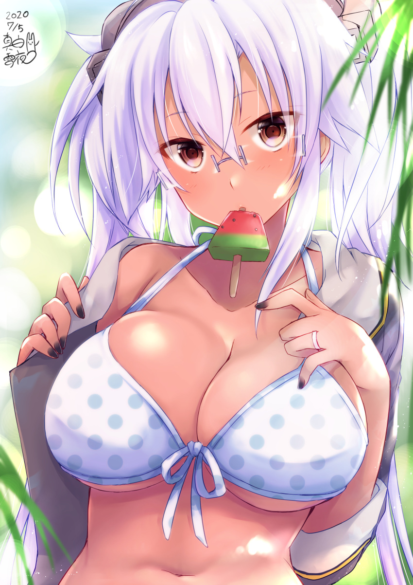0yukiya0 1girl artist_logo bangs bikini black_nails blush breasts brown_eyes cleavage commentary_request dark_skin dated food glasses hair_between_eyes headgear highres jewelry kantai_collection large_breasts long_hair looking_at_viewer mouth_hold musashi_(kantai_collection) nail_polish open_clothes polka_dot polka_dot_bikini popsicle revision ring solo swimsuit two_side_up upper_body watermelon_bar wedding_band white_bikini