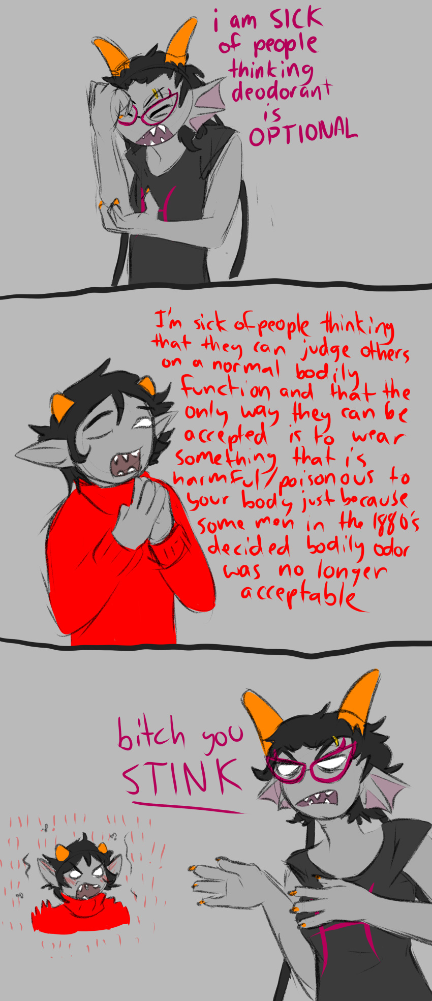 absurd_res alien clothed clothing conditional_dnp english_text eyewear female fin glasses grey_body grey_skin hi_res homestuck horn humanoid kankri_vantas male meenah_peixes ms_paint_adventures open)mouth profanity stink_lines teeth text troll_(homestuck) webcomic wolftacos