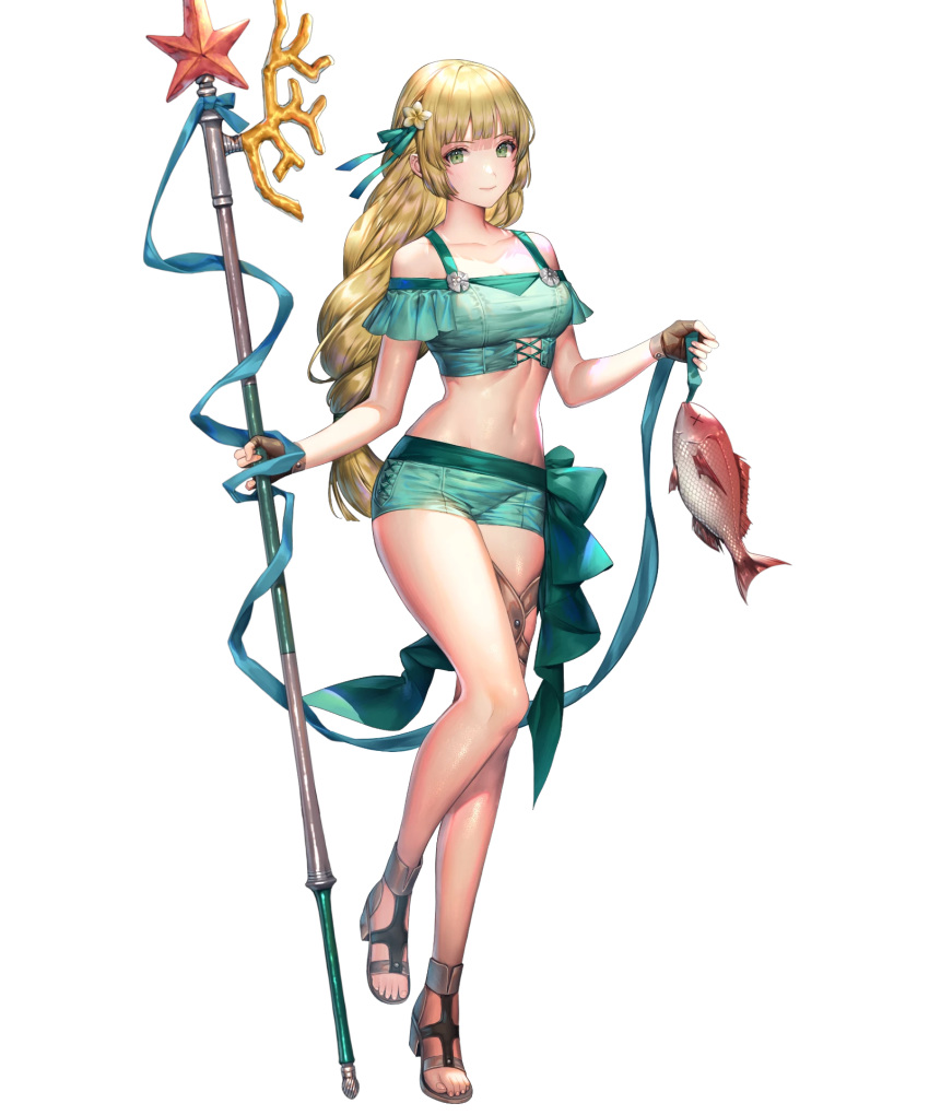 1girl animal bangs bare_shoulders bikini bikini_shorts braid breasts collarbone fingerless_gloves fire_emblem fire_emblem:_three_houses fire_emblem_heroes fish full_body gloves hair_ornament highres holding holding_weapon ingrid_brandl_galatea leg_up long_hair looking_at_viewer medium_breasts navel official_art polearm sandals senchat shorts single_braid smile solo standing standing_on_one_leg stomach swimsuit tied_hair toes transparent_background weapon