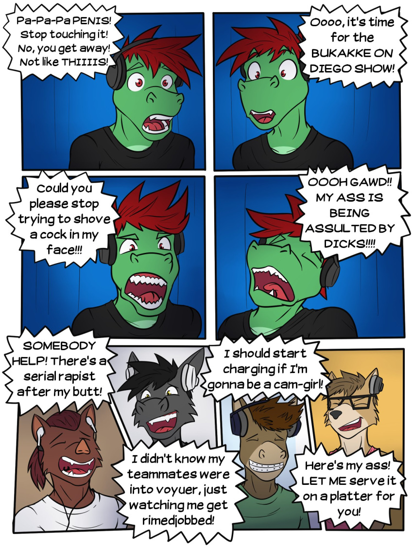 3:4 alligator alligatorid anthro asinus casey_ramser cervid chiropteran clothed clothing comic crocodilian dialogue diego_abel donkey english_text equid equine fully_clothed fuze gaming headphones hi_res jacques_(fuze) jorge_san_nicolas kenta_yamashita laugh male mammal playing_videogame reptile scalie suid suina sus_(pig) texnatsu text wild_boar yelling