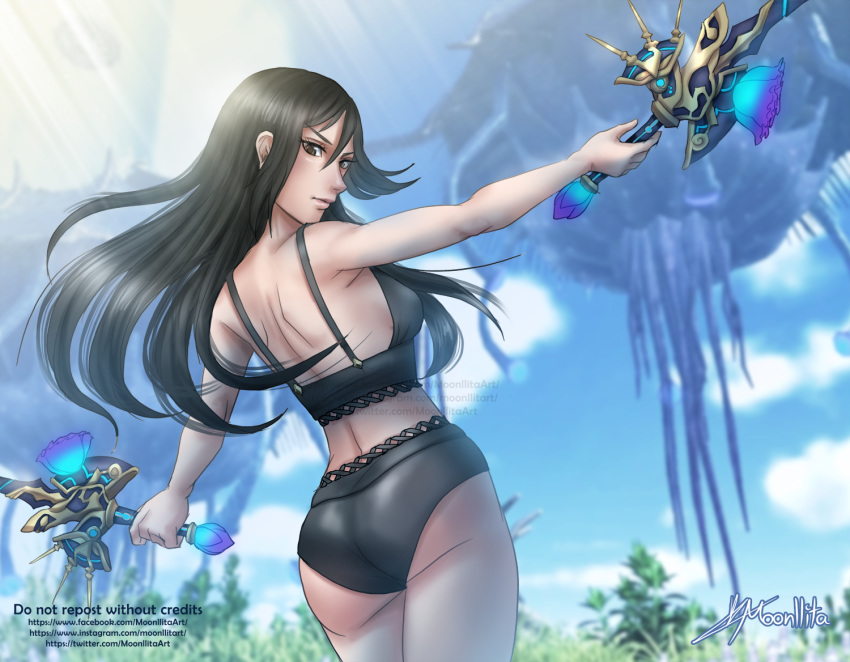 1girl ass bare_arms bikini black_bikini black_hair breasts cowboy_shot day dual_wielding from_below holding long_hair looking_at_viewer medium_breasts meleph_(xenoblade) moonllita outdoors outstretched_arms solo spread_arms swimsuit whip_sword xenoblade_(series) xenoblade_2