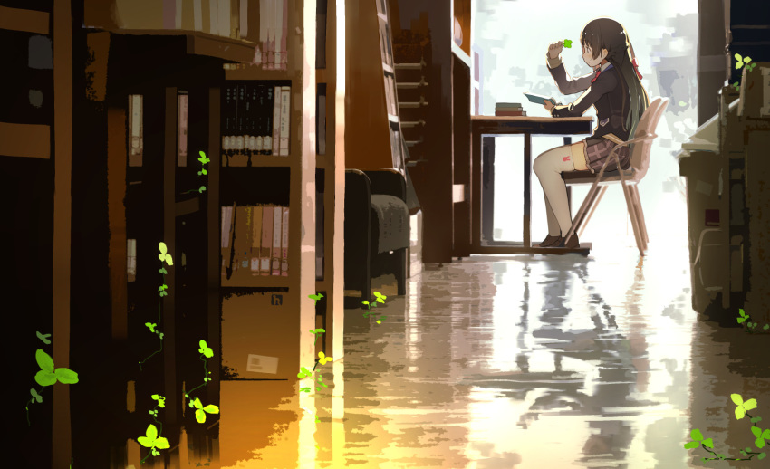 black_hair black_jacket book_stack bookshelf bow braid bunny chair clover clover_(flower) dappled_sunlight desk facing_to_the_side flower folding_chair full_body fuu_fuu gradient_hair highres indoors jacket library loafers multicolored_hair nijisanji plaid plaid_skirt profile reading red_bow school_uniform shoes skirt sunlight thighhighs tsukino_mito white_legwear zettai_ryouiki