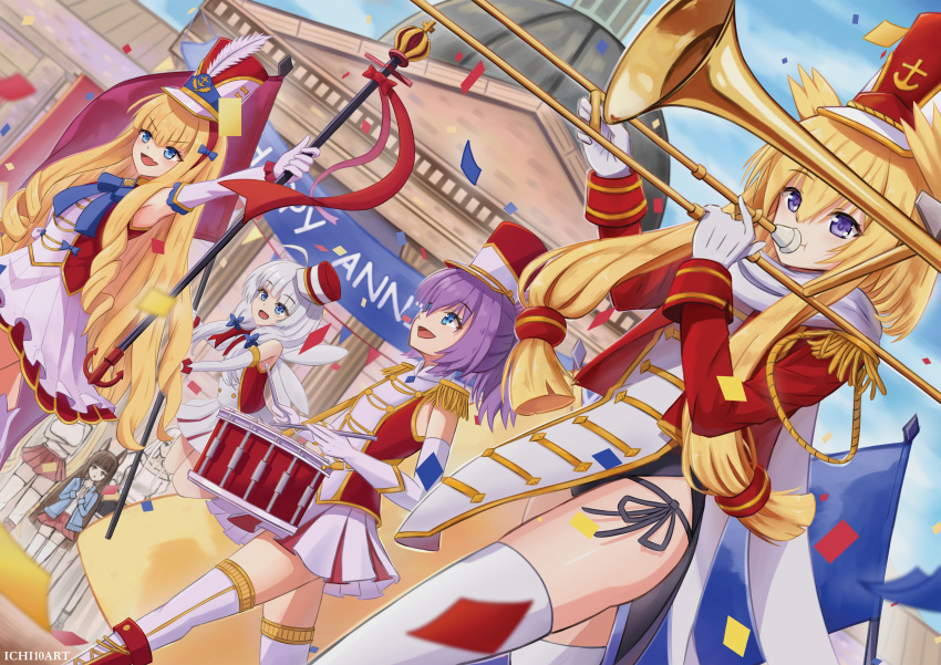 6+girls absurdres azur_lane blonde_hair blue_eyes blue_jacket brown_hair confetti drill_hair drum drumsticks elbow_gloves enterprise_(azur_lane) epaulettes eyebrows_visible_through_hair fairy_wings flag flying gloves hat hat_feather highres holding holding_flag holding_staff huge_filesize ichi10art instrument jacket javelin_(azur_lane) little_illustrious_(azur_lane) long_hair multiple_girls nagato_(azur_lane) parade pleated_skirt purple_hair queen_elizabeth_(azur_lane) red_skirt skindentation skirt staff thighhighs trombone very_long_hair warspite_(azur_lane) white_feathers white_gloves white_hair white_legwear white_skirt wings zettai_ryouiki