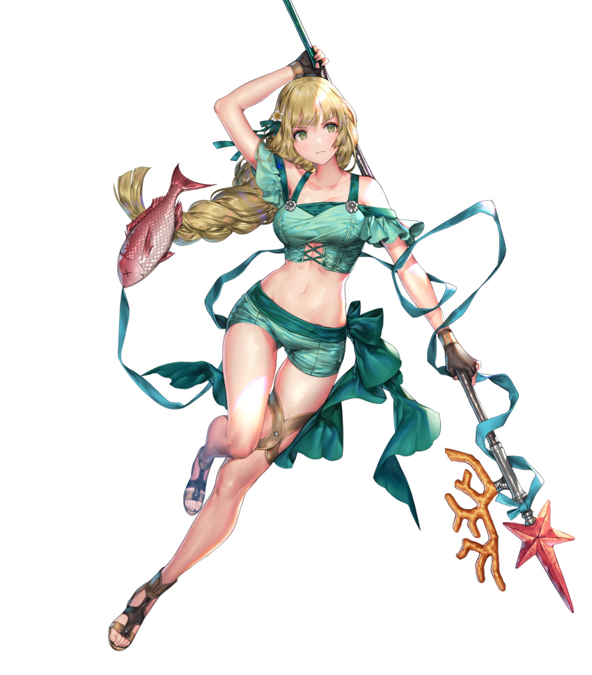 1girl animal bangs bare_shoulders bikini bikini_shorts braid breasts collarbone fingerless_gloves fire_emblem fire_emblem:_three_houses fire_emblem_heroes fish full_body gloves green_eyes hair_ornament highres holding holding_weapon ingrid_brandl_galatea long_hair medium_breasts navel official_art polearm sandals senchat shorts single_braid solo stomach swimsuit tied_hair toes transparent_background weapon