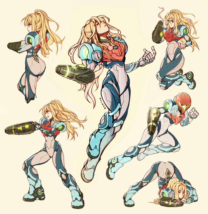 1girl arm_cannon ass bangs blonde_hair blue_eyes blush commentary english_commentary eyebrows_visible_through_hair flexible full_body gun hands_on_ground highres jack-o'_challenge long_hair looking_at_viewer meme metroid metroid_dread mole mole_under_mouth multiple_views oxcoxa ponytail power_suit samus_aran simple_background skin_tight spread_legs top-down_bottom-up weapon wide_spread_legs