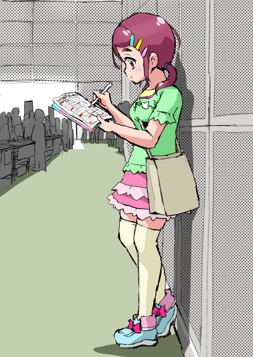 1girl bag blue_footwear bow bow_footwear clover comiket facing_to_the_side four-leaf_clover full_body green_shirt hair_ornament hair_tie hairclip halftone highres holding holding_paper hugtto!_precure itommy layered_skirt medium_hair nono_kotori paper pink_bow ponytail precure purple_hair red_eyes shirt shoulder_bag skirt thighhighs yellow_legwear