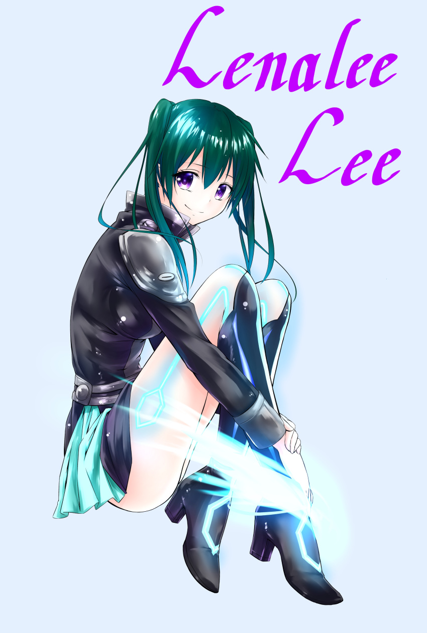 1girl absurdres black_footwear black_jacket black_order_uniform blue_skirt boots character_name closed_mouth d.gray-man full_body green_hair grey_background hair_between_eyes highres jacket knee_boots konjikino83 leg_hug lenalee_lee long_hair long_sleeves looking_at_viewer miniskirt purple_eyes shiny shiny_hair simple_background skirt smile solo twintails