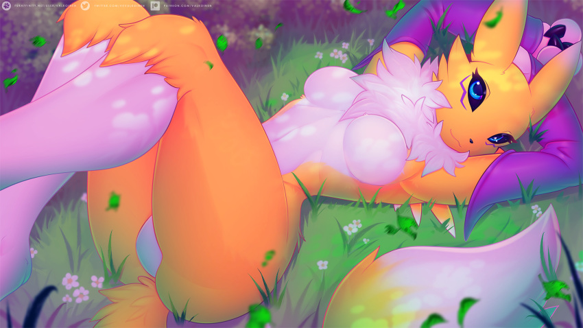 16:9 anthro blue_eyes breasts butt clothing digimon digimon_(species) female fur gloves handwear hi_res looking_at_viewer mane nature nude renamon smile solo text url valkoinen white_body white_fur widescreen yellow_body yellow_fur