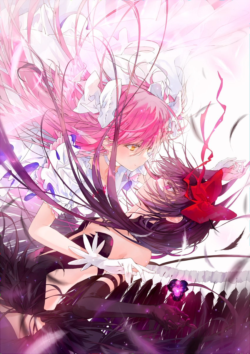 2girls akemi_homura akuma_homura black_gloves black_hair bow dark_orb_(madoka_magica) elbow_gloves eye_contact gloves highres kaname_madoka long_hair looking_at_another mahou_shoujo_madoka_magica mirin_boshi multiple_girls pink_hair purple_eyes red_bow two_side_up ultimate_madoka white_bow white_gloves wings yellow_eyes