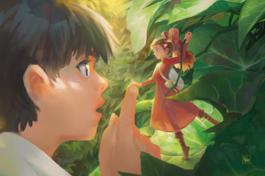 1boy 1girl absurdres arrietty black_hair drawing eye_contact from_side highres huge_filesize karigurashi_no_arrietty long_hair looking_at_another minigirl nham_nguyen open_mouth painterly painting peaceful plant ponytail red_hair shou_(karigurashi_no_arrietty) vines