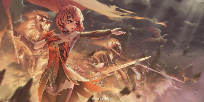 1girl ancle_(aruncle) artist_name breasts choker highres monster orange_hair original outstretched_arm red_eyes short_hair small_breasts solo_focus