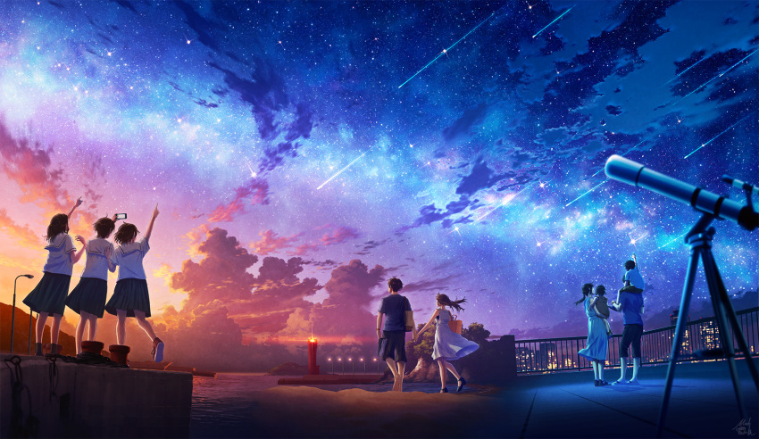 3boys 6+girls black_skirt child cloud cloudy_sky day_and_night dress family highres holding_hands light_rays meteor_shower milky_way mocha_(cotton) multiple_boys multiple_girls night night_sky original outdoors pointing railing rooftop school_uniform shirt shooting_star skirt sky star_(sky) starry_sky sunbeam sunlight taking_picture telescope white_dress white_shirt wide_shot