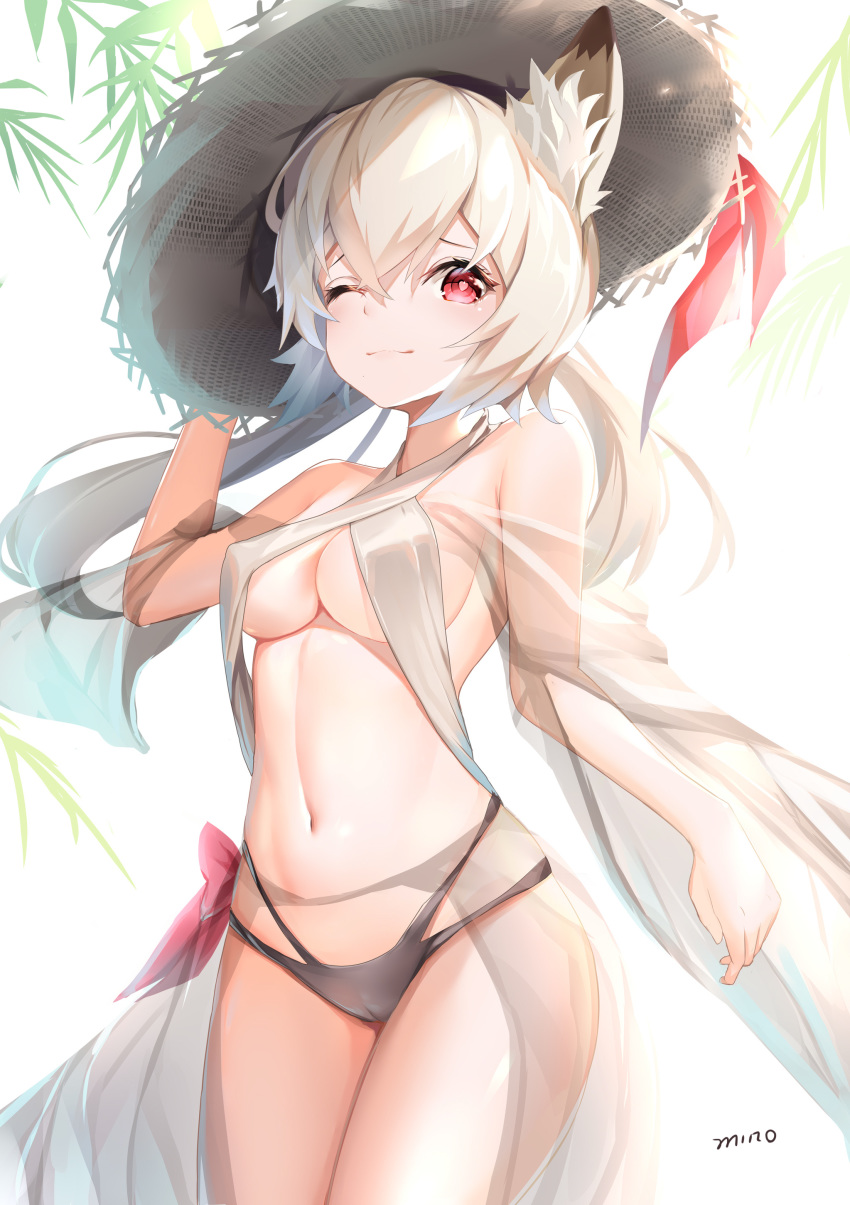 1girl absurdres animal_ear_fluff animal_ears bangs bare_shoulders bikini chinese_commentary commentary_request cowboy_shot criss-cross_halter fox_ears hair_between_eyes halterneck hand_up hat highres long_hair looking_at_viewer minoominoomi multi-strapped_bikini navel one_eye_closed original red_eyes silver_hair simple_background solo standing stomach swimsuit thighs white_background