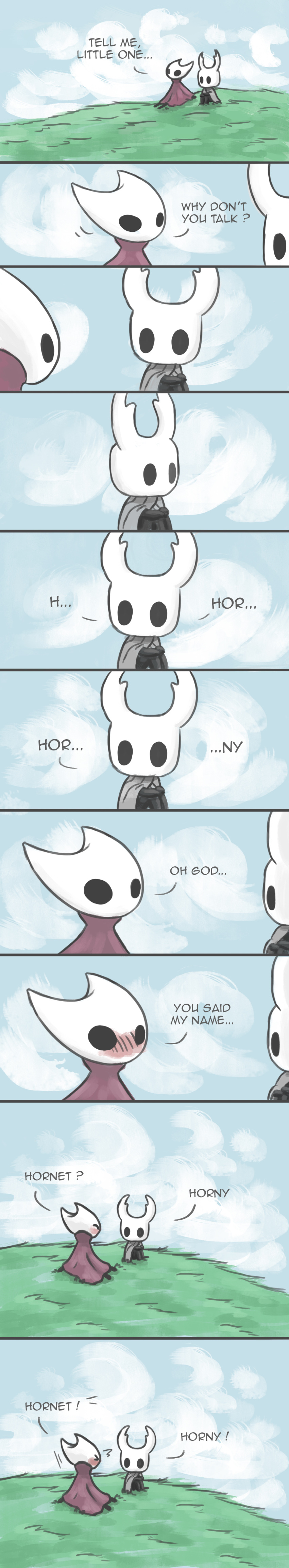 2018 absurd_res anthro arthropod awlita blush cloud comic dialogue digital_media_(artwork) duo english_text female grass hi_res hollow_knight horn hornet_(hollow_knight) humor long_image male male/female protagonist_(hollow_knight) sibling sister tall_image team_cherry text video_games