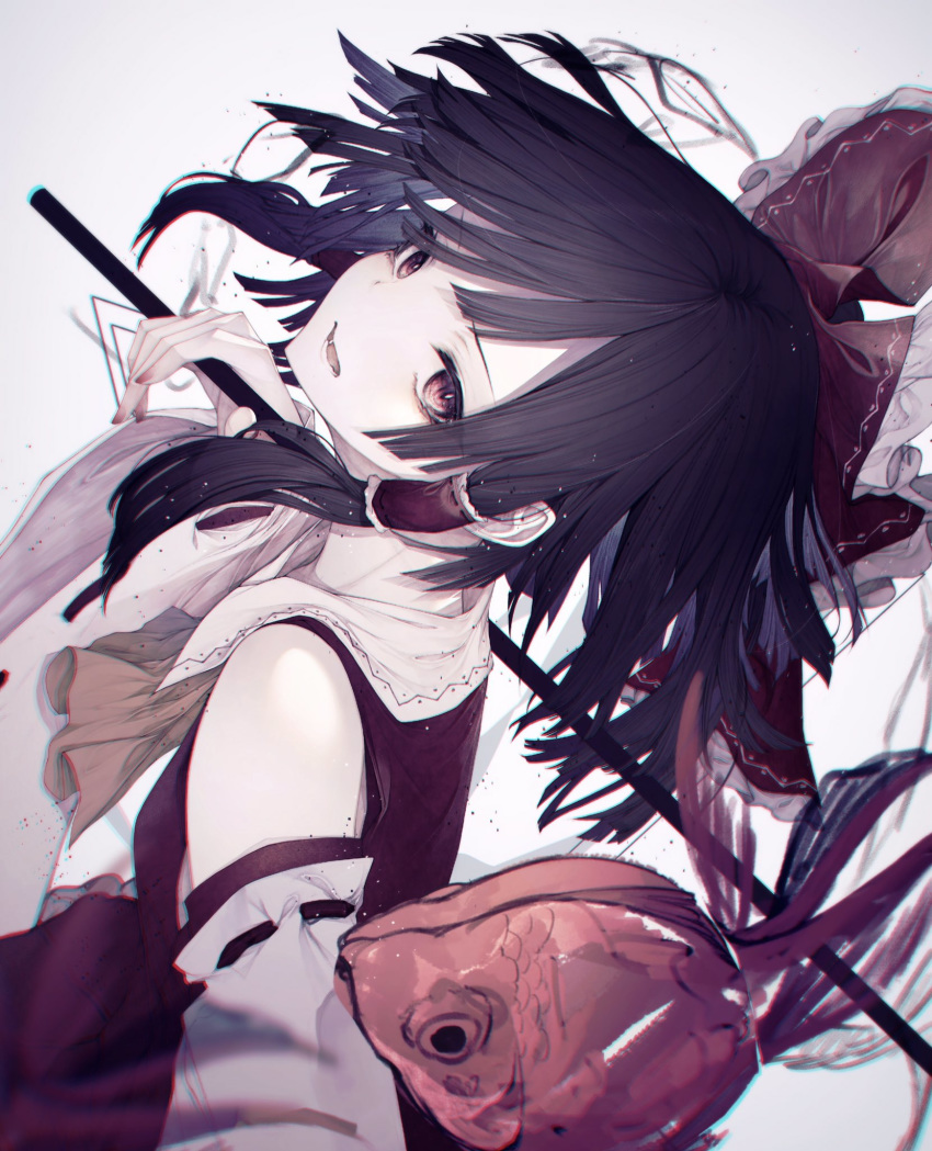 1girl ascot bangs black_hair bow chromatic_aberration detached_sleeves fish frilled_ribbon frills gohei goldfish grey_background hair_bow hair_tubes hakurei_reimu head_tilt highres hito_komoru looking_at_viewer looking_back medium_hair nail_polish open_mouth red_eyes red_shirt red_skirt ribbon ribbon-trimmed_sleeves ribbon_trim shirt sidelocks skirt skirt_set solo touhou wide_sleeves