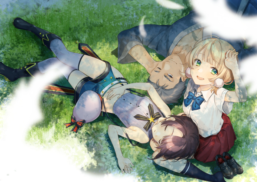 1boy 2girls bare_shoulders black_footwear black_hair black_ribbon blonde_hair blue_shorts boots closed_eyes closed_mouth commentary_request crop_top day footwear_removed grass green_eyes grey_eyes grey_hair grey_legwear grey_vest hair_pom_pom hololive jinbei_(clothes) lap_pillow lying maimoto_keisuke multiple_girls neck_ribbon nijisanji nokachoco114 on_back one_eye_closed oozora_subaru open_mouth outdoors ribbon shigure_ui_(channel) shigure_ui_(vtuber) short_hair short_shorts short_sleeves shorts side_slit side_slit_shorts sitting sleeping sleeping_on_person sleeveless smile socks sunlight suspender_shorts suspenders thighhighs vest virtual_youtuber wariza