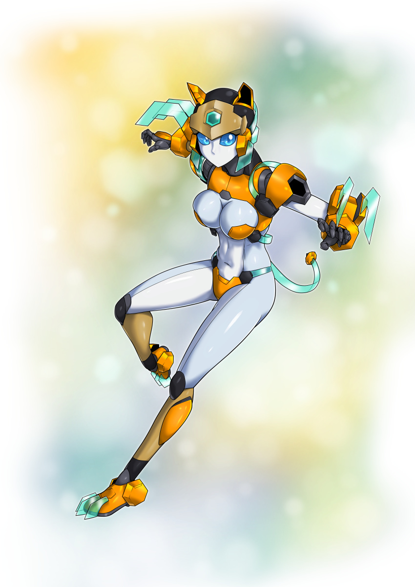 5_fingers absurd_res android armor biped bladed_weapon blue_eyes blue_sclera breasts claws clothed clothing digital_media_(artwork) female fingers green_armor green_tail hi_res machine melee_weapon mouthless multicolored_armor multicolored_clothing navel not_furry orange_body orange_skin robot simple_background solo tigresa_(yuuyatails_oc) toe_claws unconvincing_armor weapon white_body white_skin yellow_armor yellow_body yuuyatails